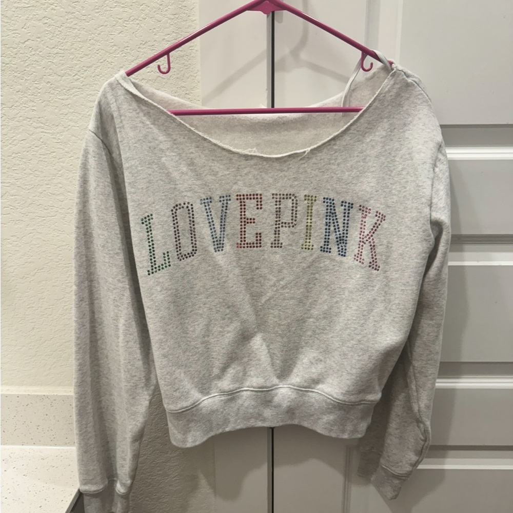 PINK brand off the shoulder sweatshirt, glitter letters on front